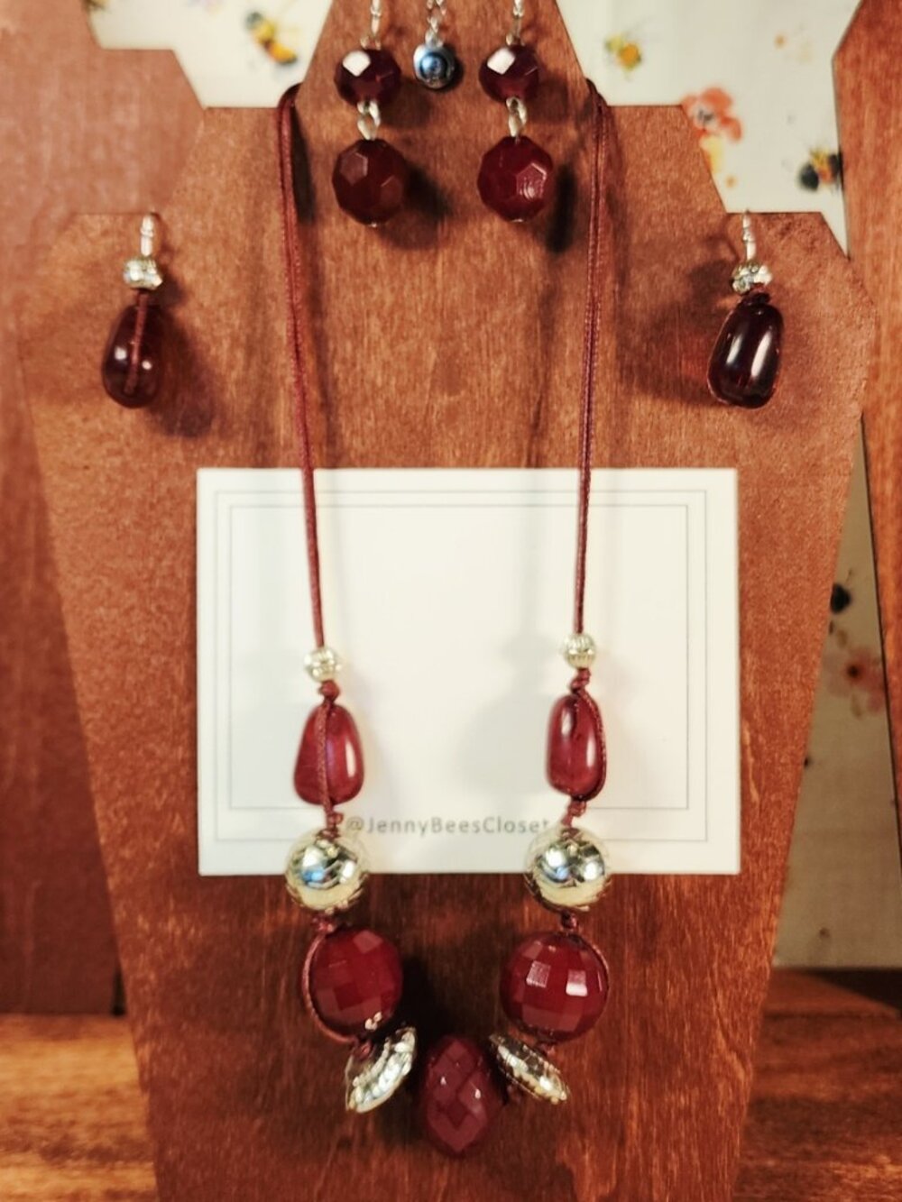 "1946" Brand Deep Burgandy Costume Jewelry Set With 2 Sets Earrings & Necklace